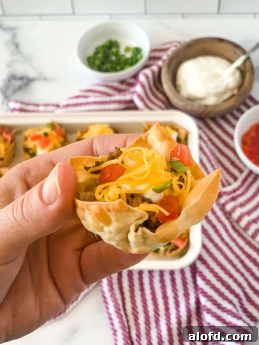 Crispy Taco Wonton Bites 3 A close-up shot of a hand delicately holding a single, golden-brown taco wonton cup, highlighting its crispy texture and delicious filling.
