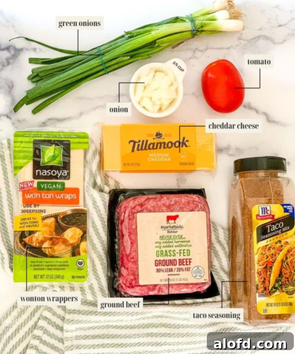 Crispy Taco Wonton Bites 4 Clearly labeled ingredients for making taco cups, including ground beef, wonton wrappers, cheese, and vegetables, neatly arranged on a counter.