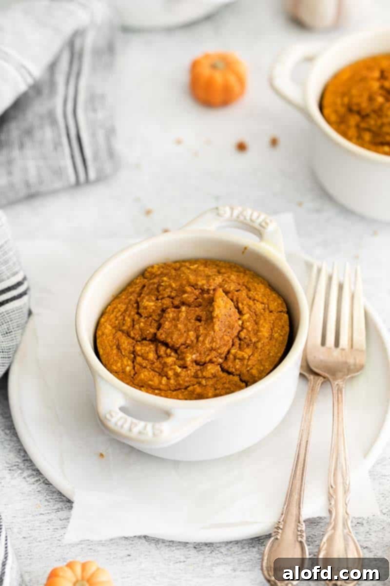 A white ramekin of golden pumpkin baked oats, garnished with a sprinkle of spice, sits invitingly next to a pair of forks on a pristine white plate. A soft gray cloth drapes beneath, with another ramekin of oats subtly blurred in the background.