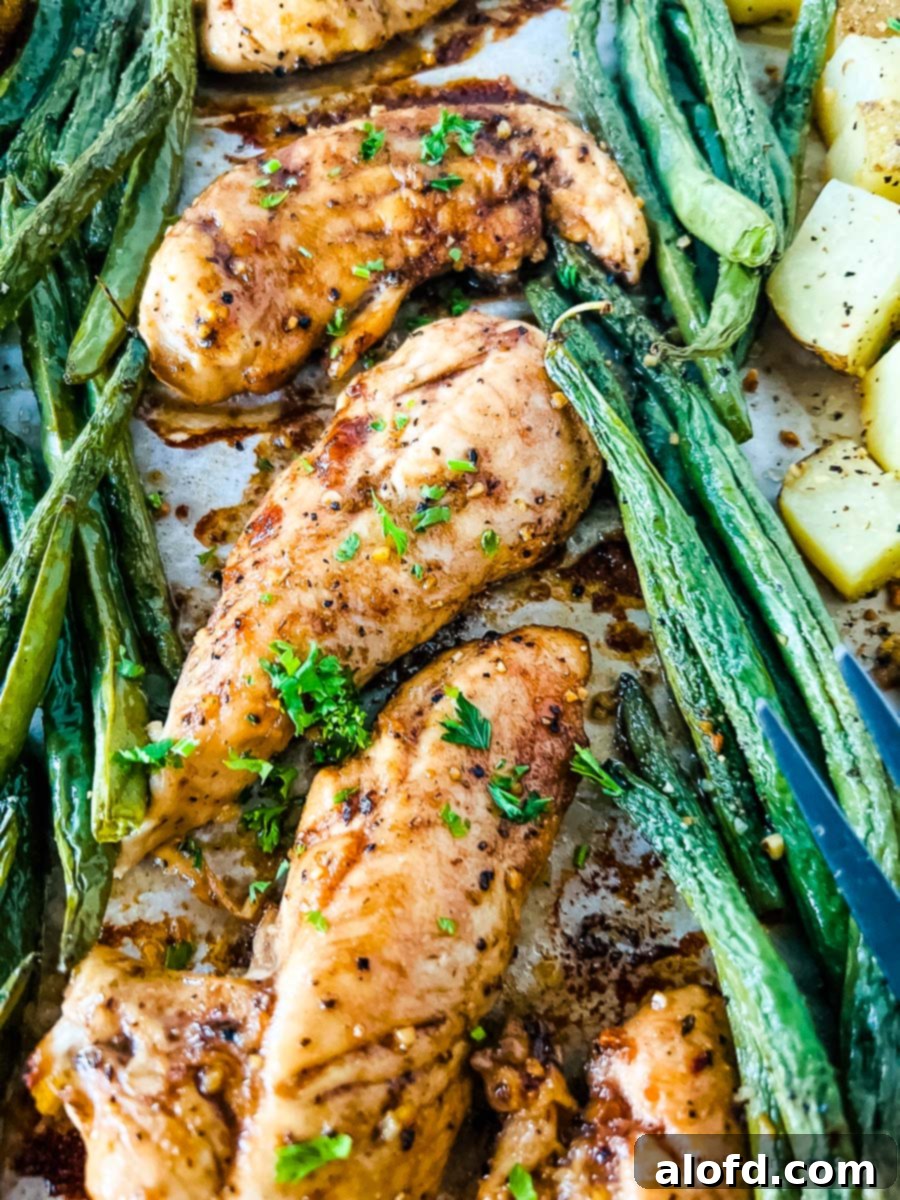 Plated oven baked chicken tenders with sides of roasted asparagus and golden potatoes, creating an appetizing and healthy meal presentation.