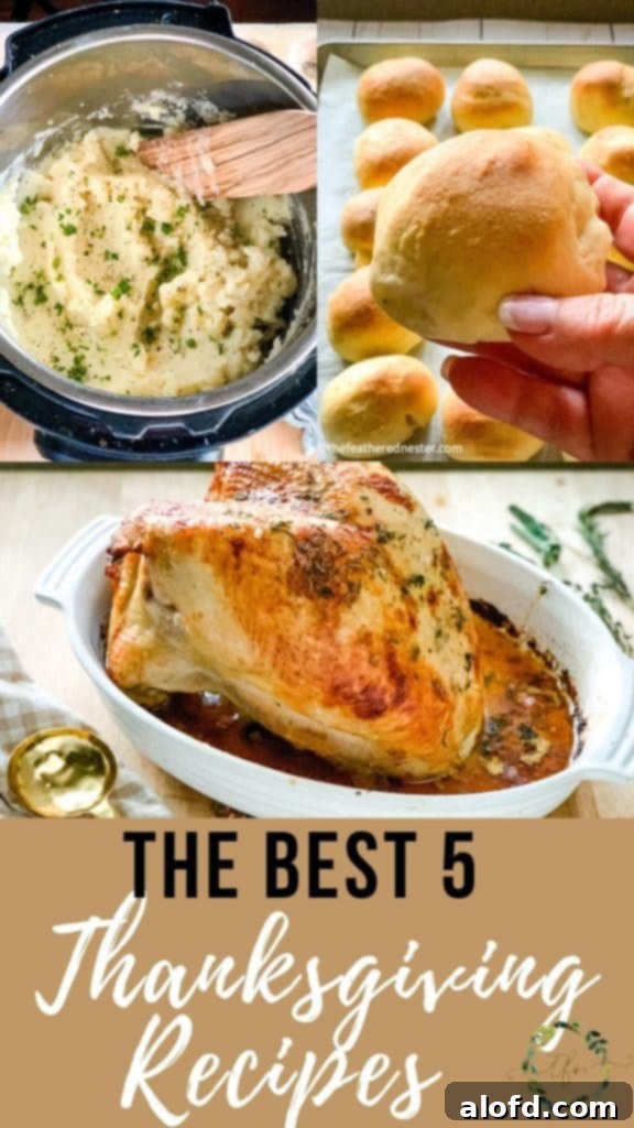 Our Top 5 Thanksgiving Dinner Recipes 2 Collage of the best 5 Thanksgiving dinner recipes for a small gathering of 6, including turkey, stuffing, mashed potatoes, rolls, and apple cobbler.