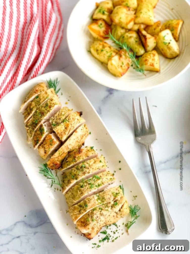 Our Top 5 Thanksgiving Dinner Recipes 5 A platter of beautifully sliced roasted turkey tenderloin, with a bowl of roasted potatoes in the soft-focus background.