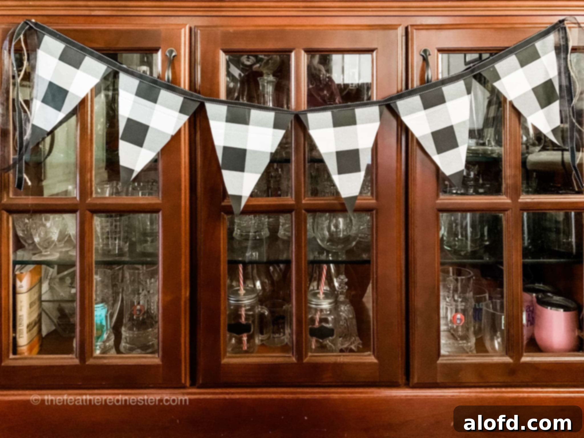 Display of a pennant garland DIY with scrap fabric, showcasing finished decor.