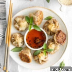 Umami Mushroom Pockets 16 Savory mushroom dumplings elegantly arranged on a white plate, accompanied by a pair of chopsticks on the side and a small bowl of fiery garlic chili oil in the center.