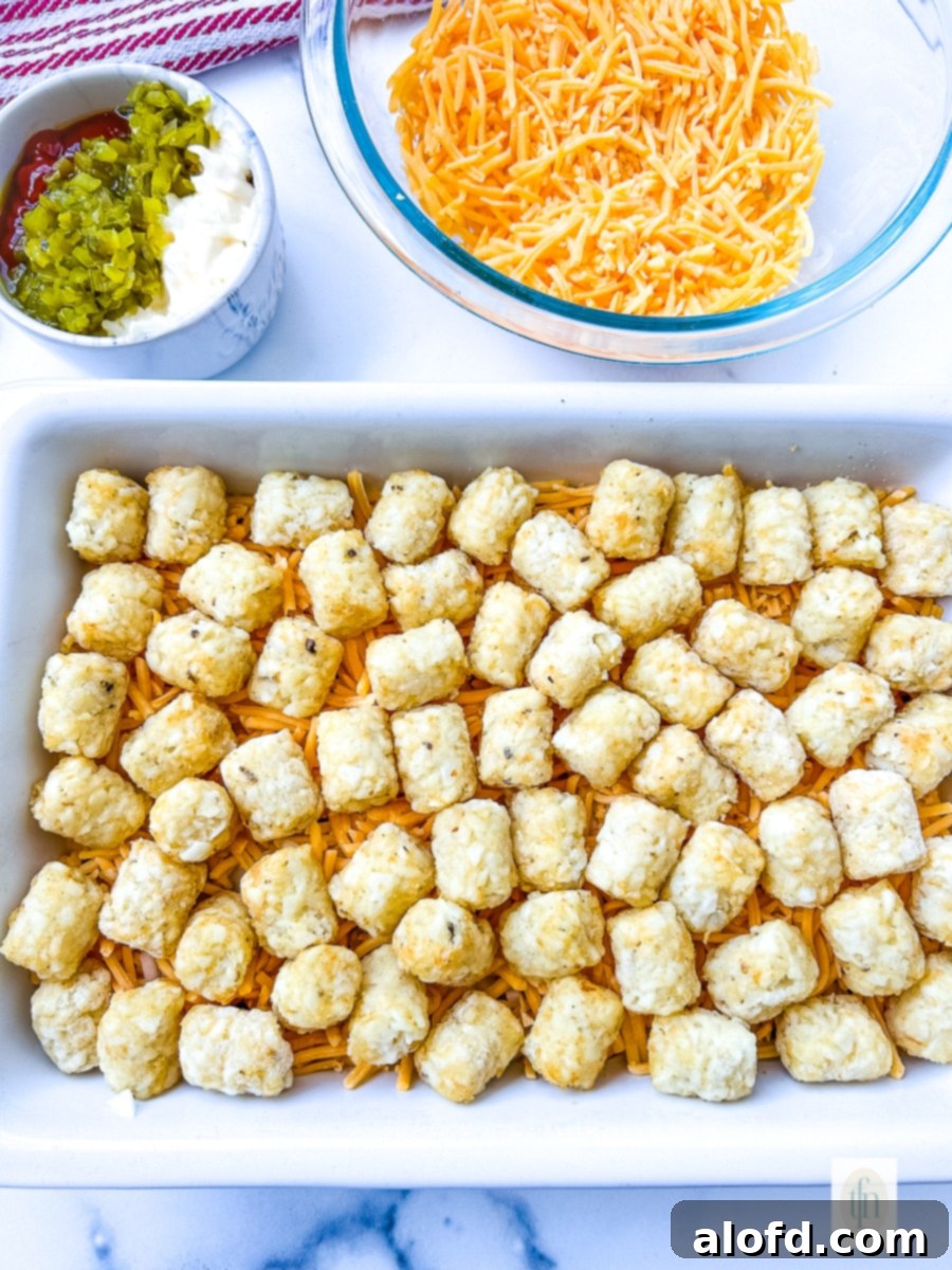 A layer of perfectly arranged frozen potato tots topping a cheeseburger casserole before baking.