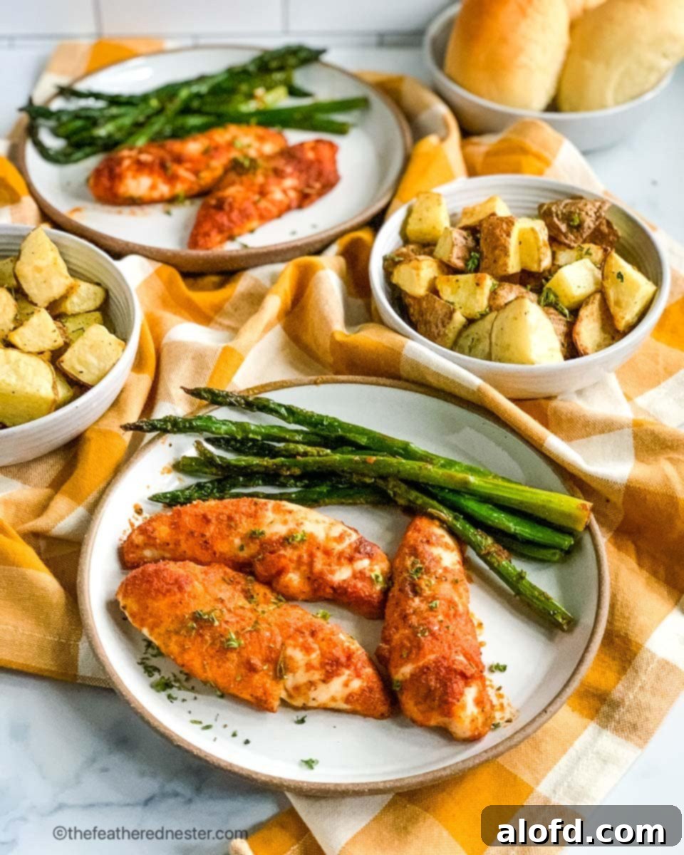 Dozens of Delightful Family Meals Under Ten Bucks 2 Two plates with baked chicken tenders with asparagus, and two plates of baked potatoes.