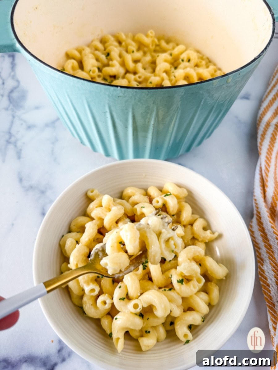 Dozens of Delightful Family Meals Under Ten Bucks 5 Individual serving bowl of white cheddar mac and cheese, with remaining macaroni and cheese casserole in a blue dish behind it.