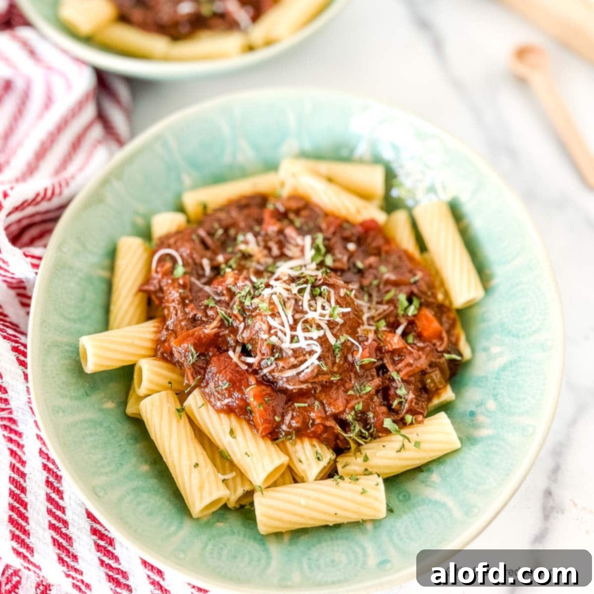 Braised Short Rib Rigatoni 13 A single bowl brimming with hearty short rib rigatoni, ready to be enjoyed as a satisfying meal.