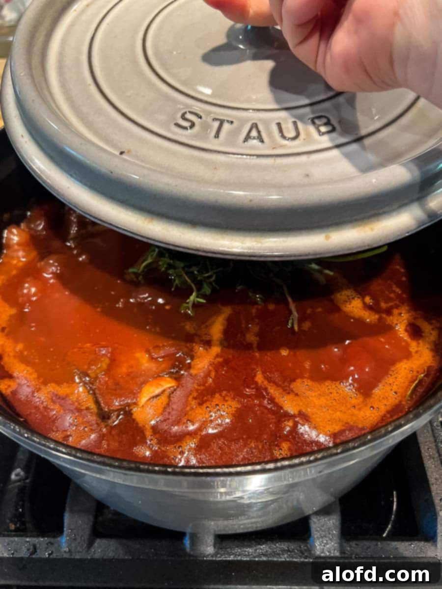Braised Short Rib Rigatoni 9 Short rib ragu simmering gently in a cast iron Dutch oven, with all ingredients combined and aromas filling the kitchen.