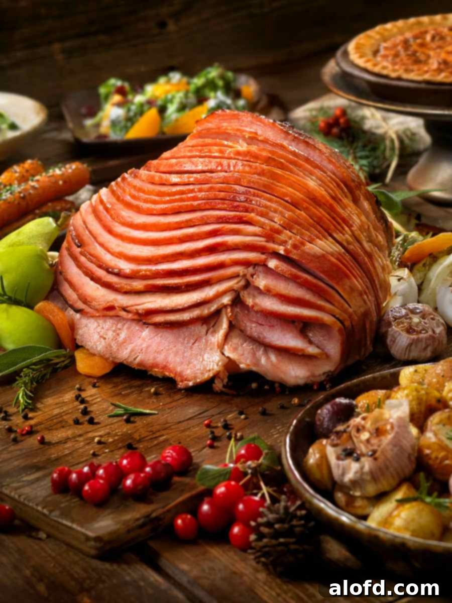 A perfectly spiral-cut Dr. Pepper glazed ham, glistening with a rich, brown sugar and pineapple coating, rests on a rustic wooden cutting board. Festive holiday side dishes are blurred in the background, hinting at a celebratory meal. The ham is ready to be carved, showcasing its tender, juicy interior.