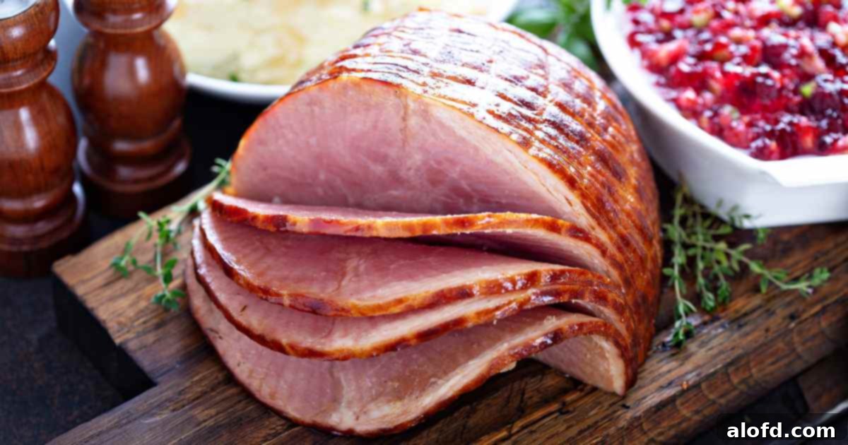 A fully cooked Dr. Pepper ham, spiral-sliced and generously glazed, rests majestically on a wooden carving board, ready to be served. Its rich, dark brown exterior promises sweet and savory perfection.