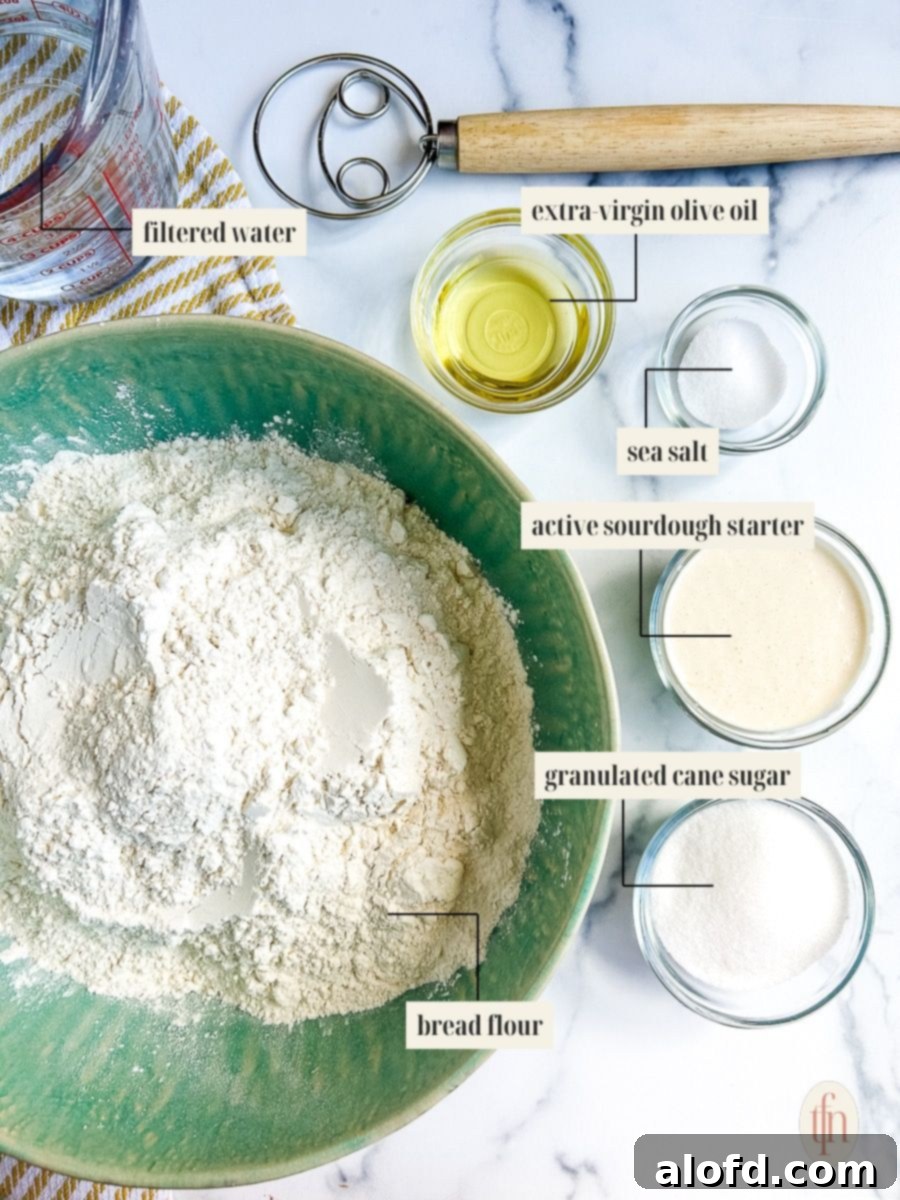 Artisan Sourdough Soup Bowls 4 A top-down view of essential ingredients for a bread bowl recipe, neatly arranged. Key items like bread flour, warm water, sourdough starter, and sugar are clearly visible and ready for use.