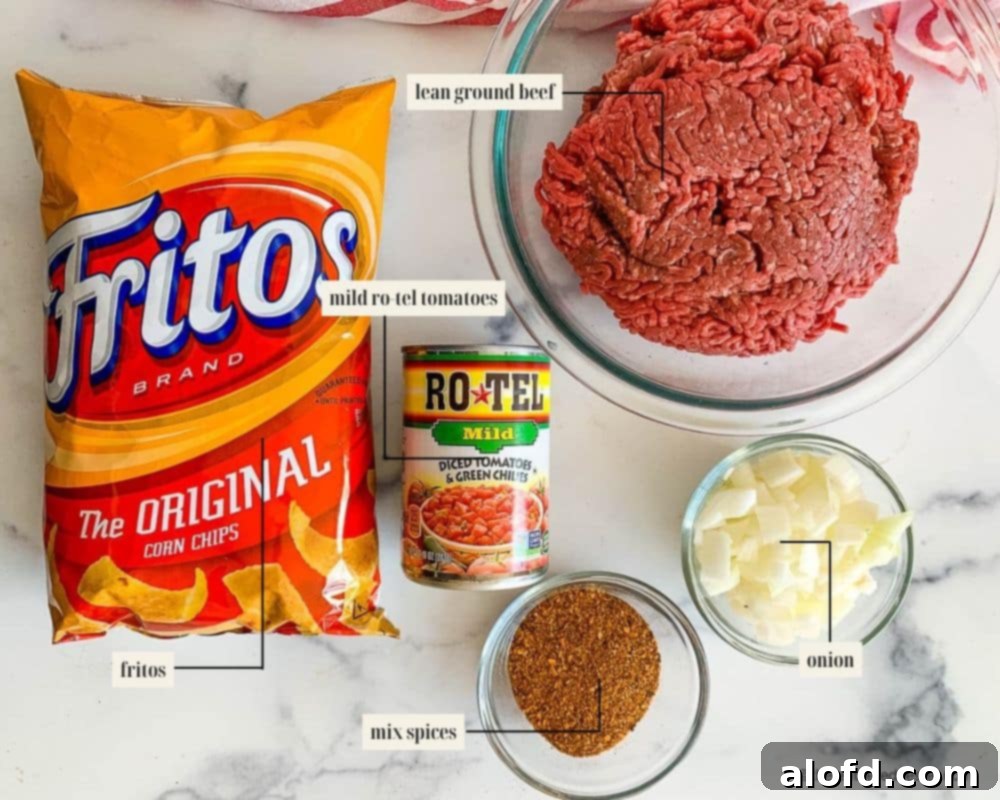 Loaded Taco Bake 4 A beautifully arranged selection of ingredients for walking taco casserole, clearly labeled for easy identification.