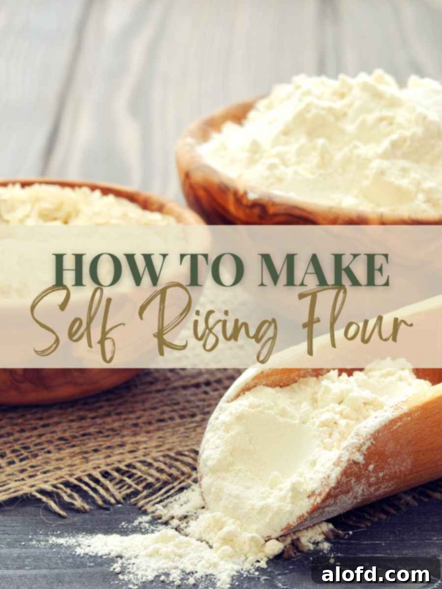 Two bowls of flour and a scoop with a text in the center saying "How to Make Self Rising Flour". 
