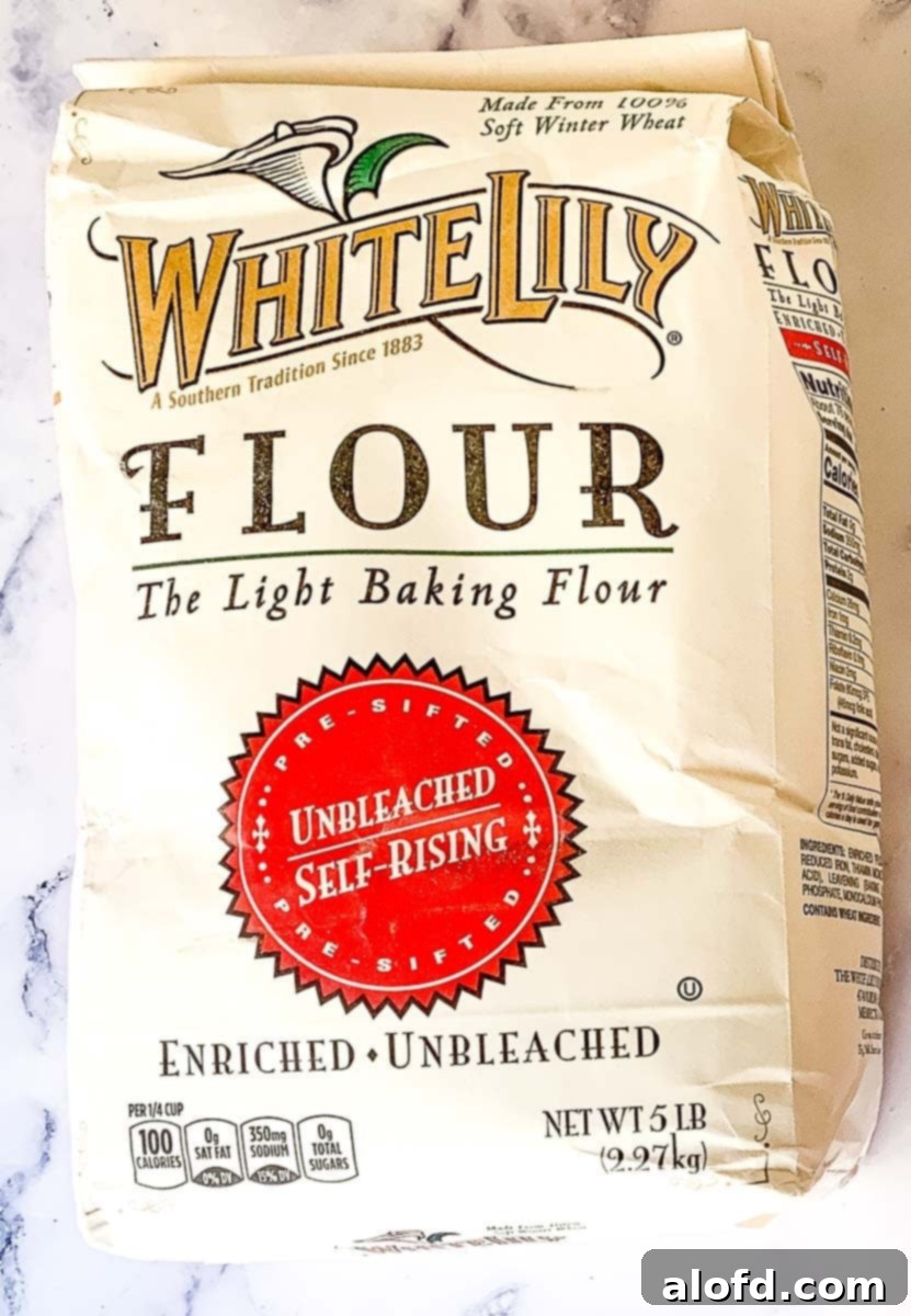 A bag of White Lilly brand of self rising flour.