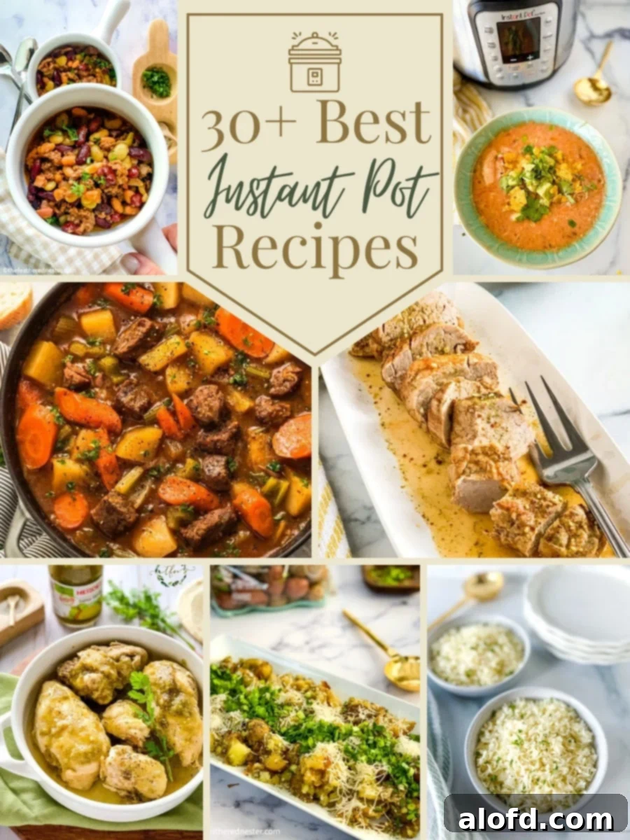 Photo collage of various Instant Pot dishes with the text "30+ Best Instant Pot Recipes" at the top, showcasing a diverse range of easy-to-make meals.