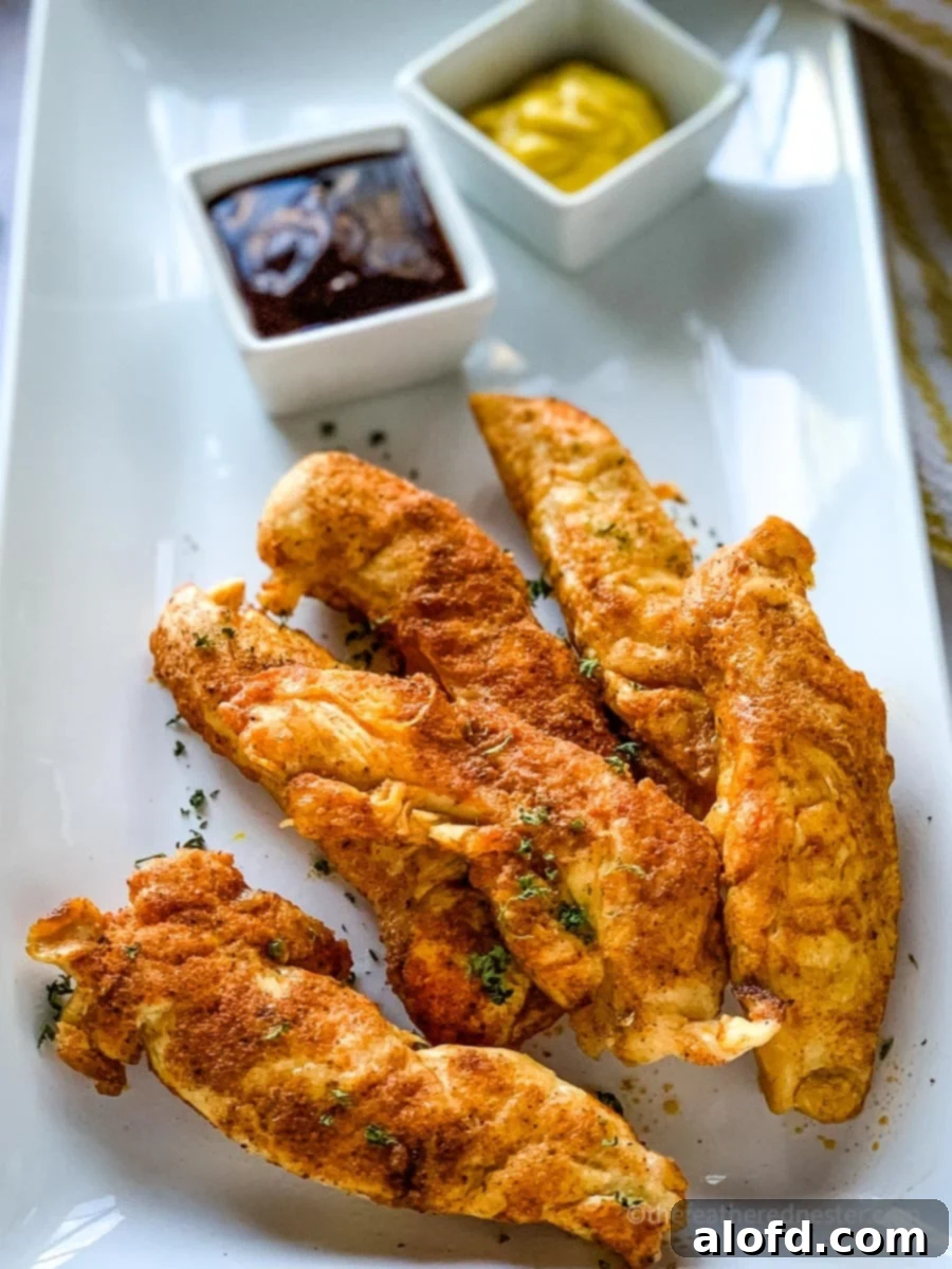 A plate of perfectly cooked Instant Pot Chicken Tenders, served with vibrant honey mustard and rich barbecue dipping sauces, ready to be enjoyed.