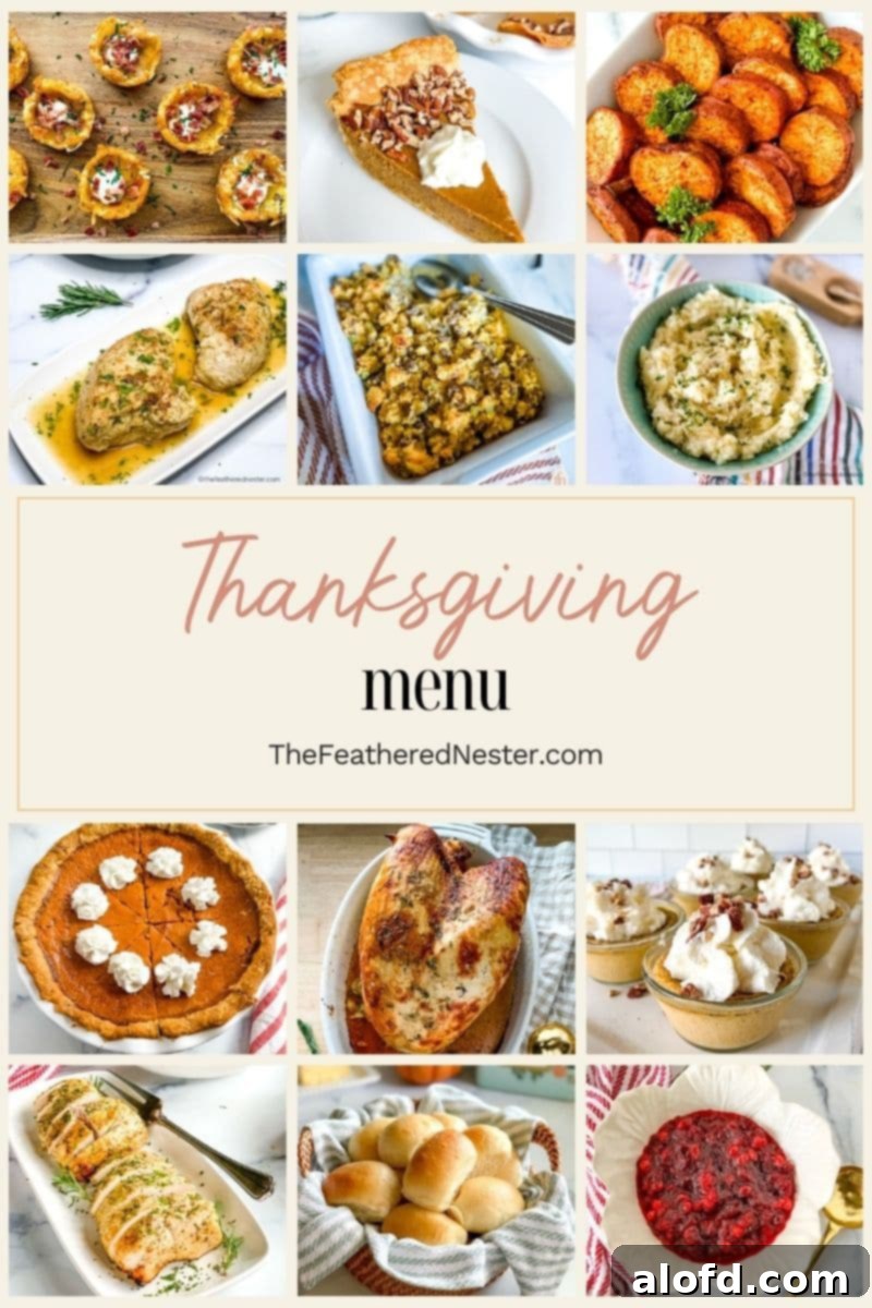 A vibrant collage showcasing 12 delicious Thanksgiving dishes including roasted turkey, mashed potatoes, green bean casserole, stuffing, pumpkin pie, and dinner rolls, perfect for a festive holiday meal.