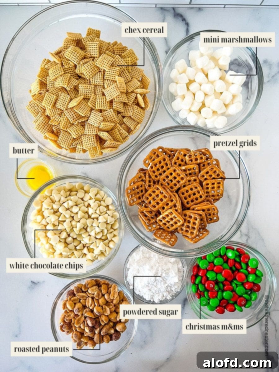 Labeled ingredients for Christmas Crack Chex Mix recipe.
