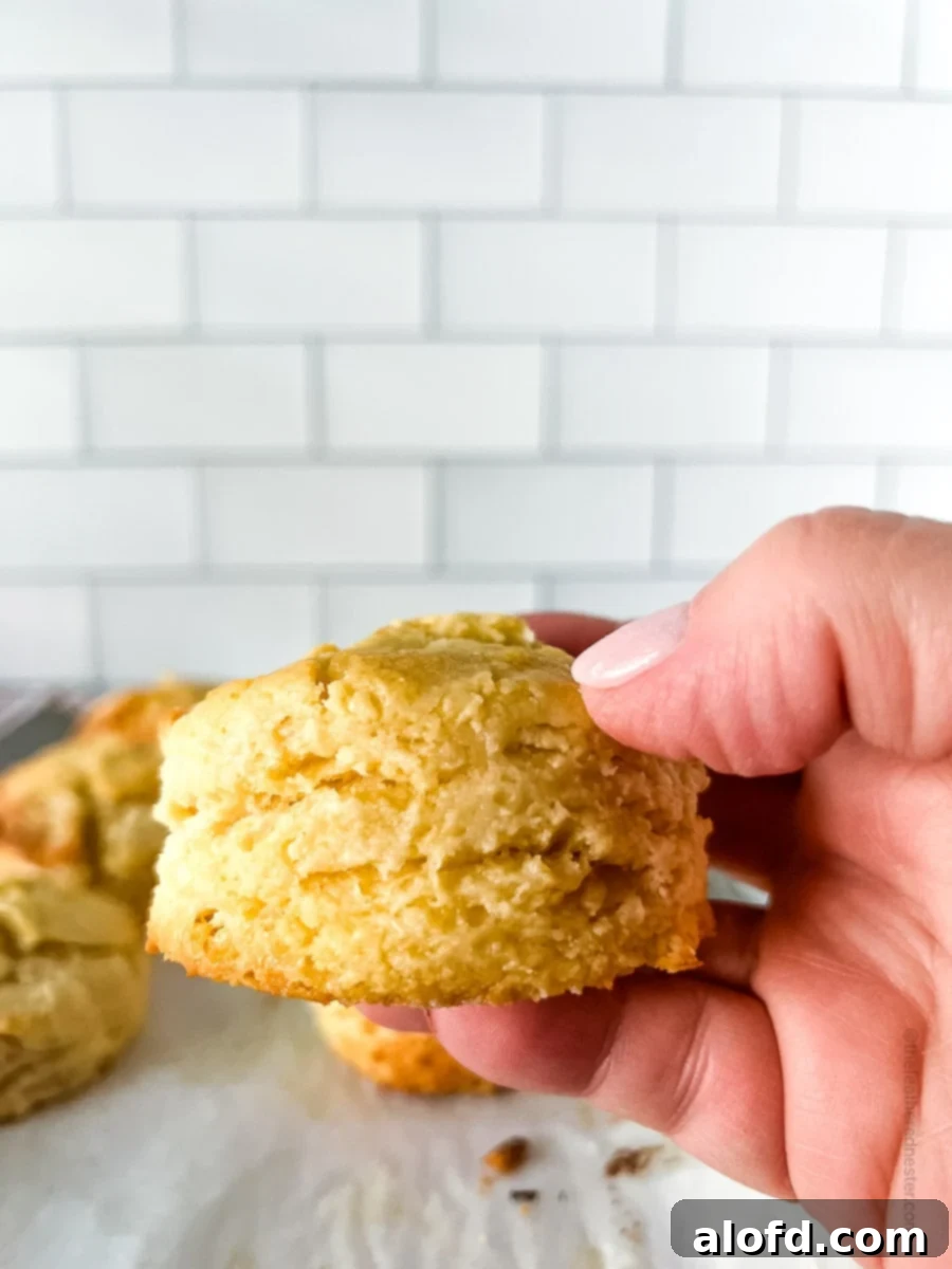 A hand holding a perfectly baked Bisquick buttermilk biscuit, showcasing its golden brown crust and tender texture.
