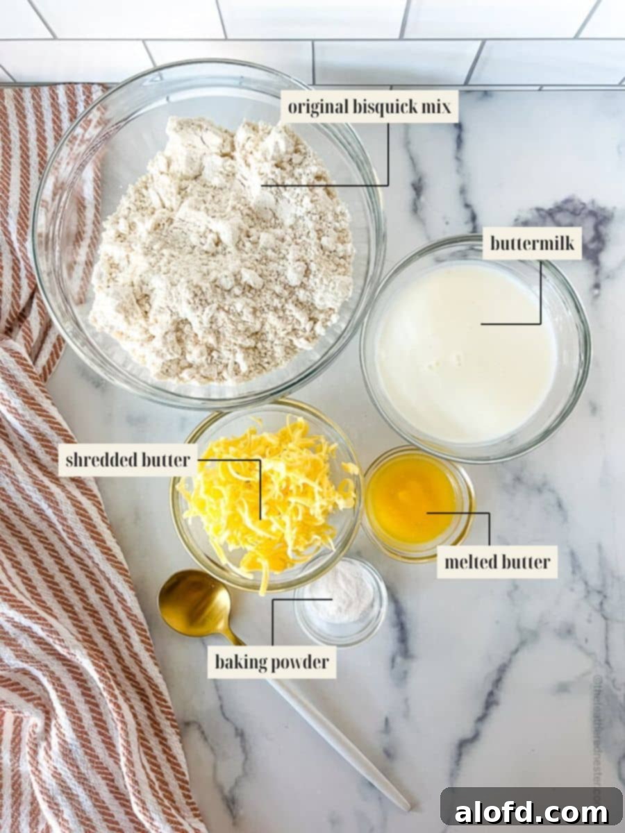 Five small bowls displaying the simple ingredients required for the Bisquick buttermilk biscuit recipe: Bisquick mix, cold butter, buttermilk, and melted butter.