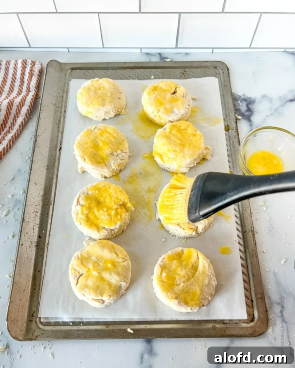 A pastry brush applying melted butter to the tops of Bisquick buttermilk biscuits on a baking sheet before they go into the oven.
