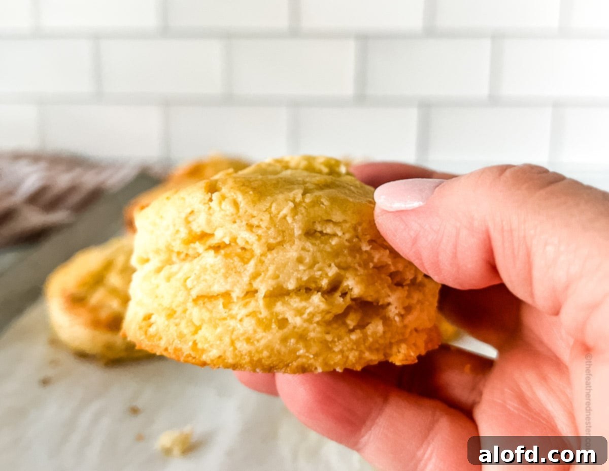 Close-up of a woman's hand holding a single golden brown Bisquick buttermilk biscuit, emphasizing its fluffy texture.
