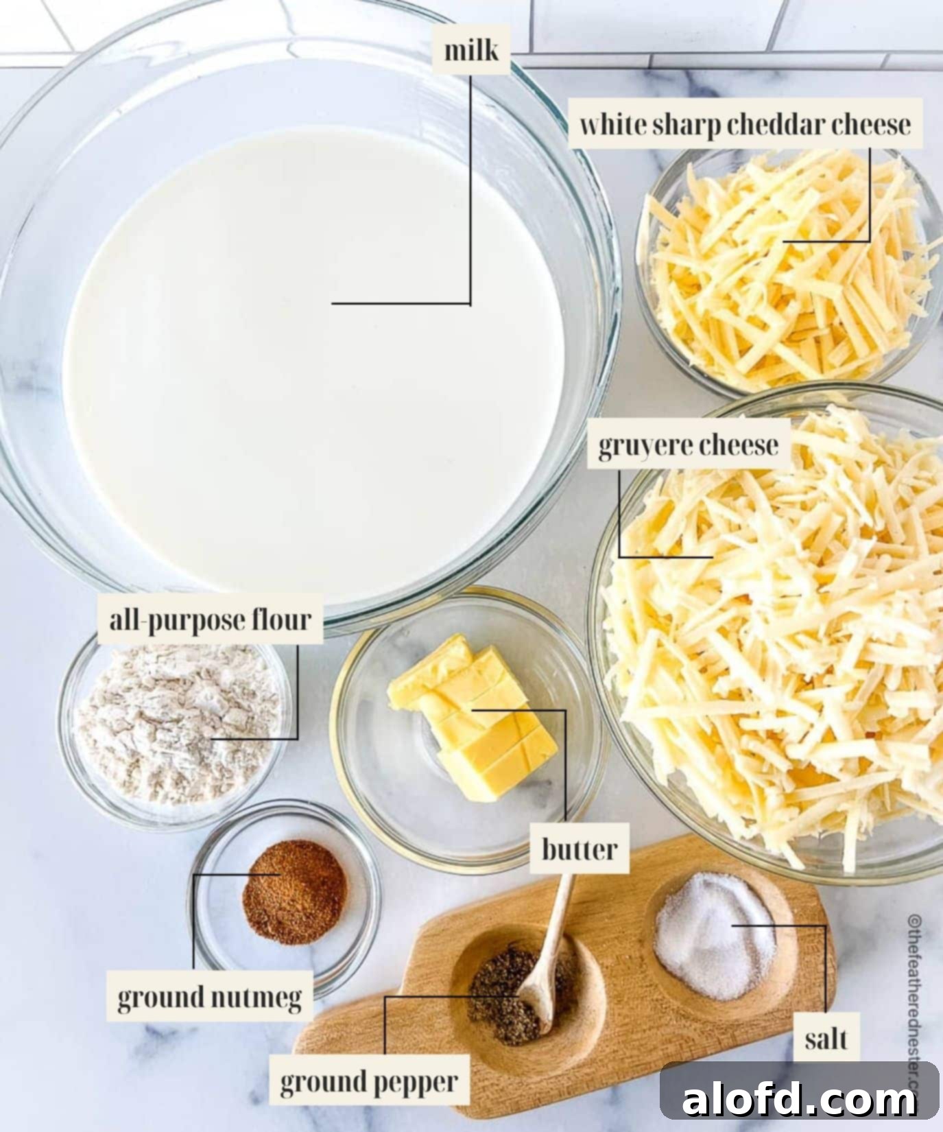 Velvety Cheese Béchamel 4 Labeled ingredients image for white cheese sauce recipe.