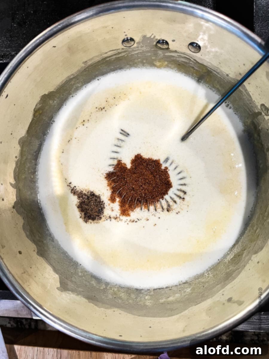 Velvety Cheese Béchamel 7 whisking ground spices into pot of bechamel sauce.