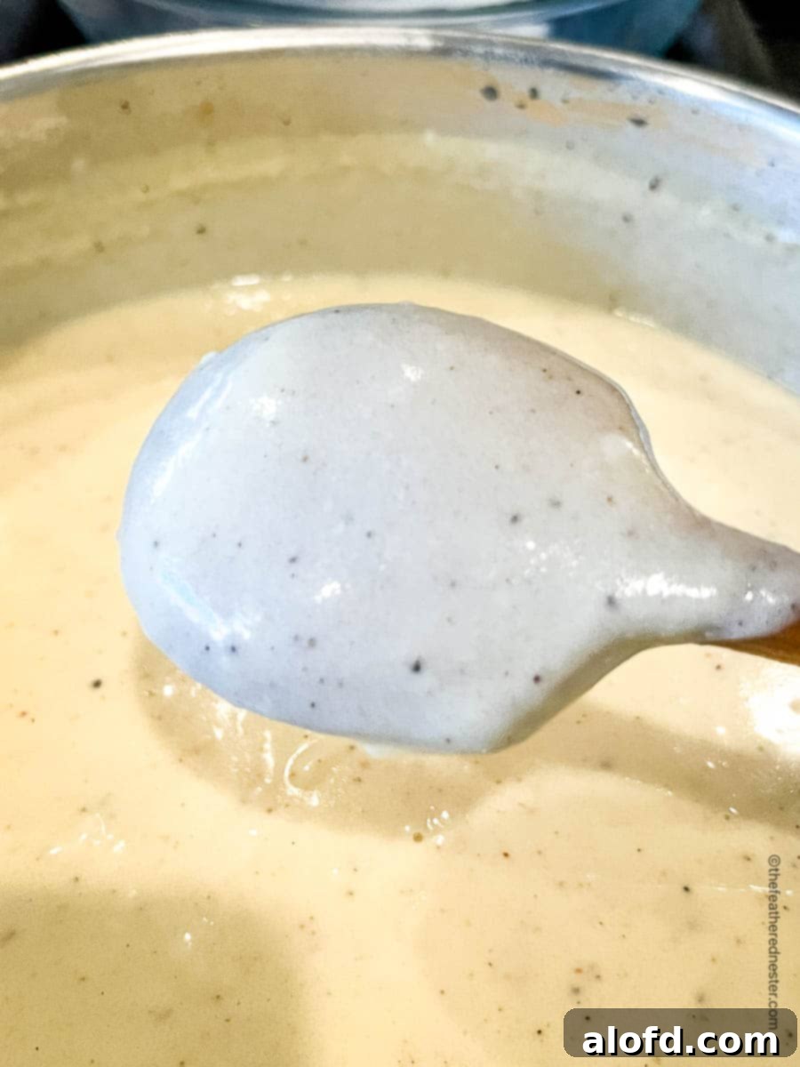 Velvety Cheese Béchamel 9 cooked bechamel cheese sauce coating the back of a spoon above a saucepan.
