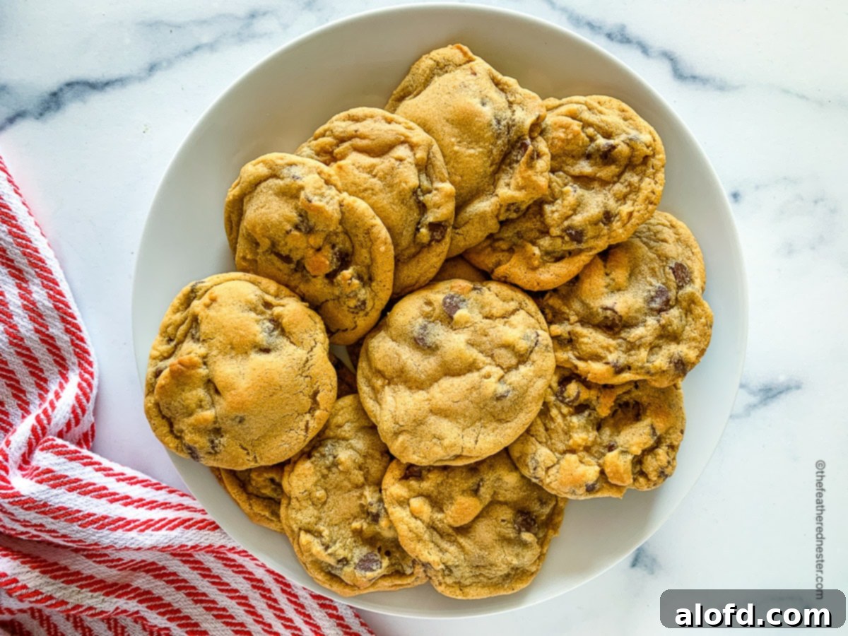 A beautiful white plate generously filled with a pile of golden, perfectly baked chocolate chip cookies, made without brown sugar, inviting indulgence.