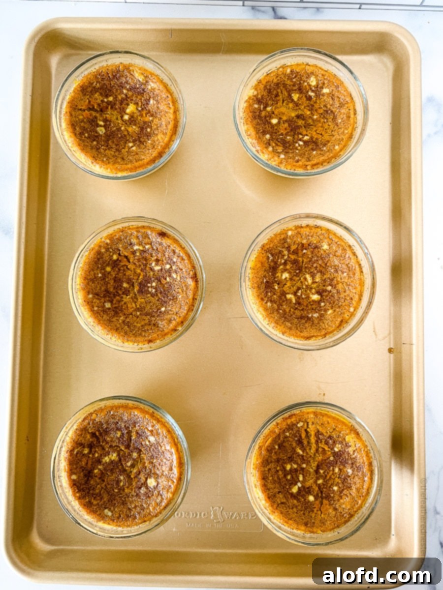 Perfectly baked pumpkin custards, still warm on the baking sheet after being removed from the oven.