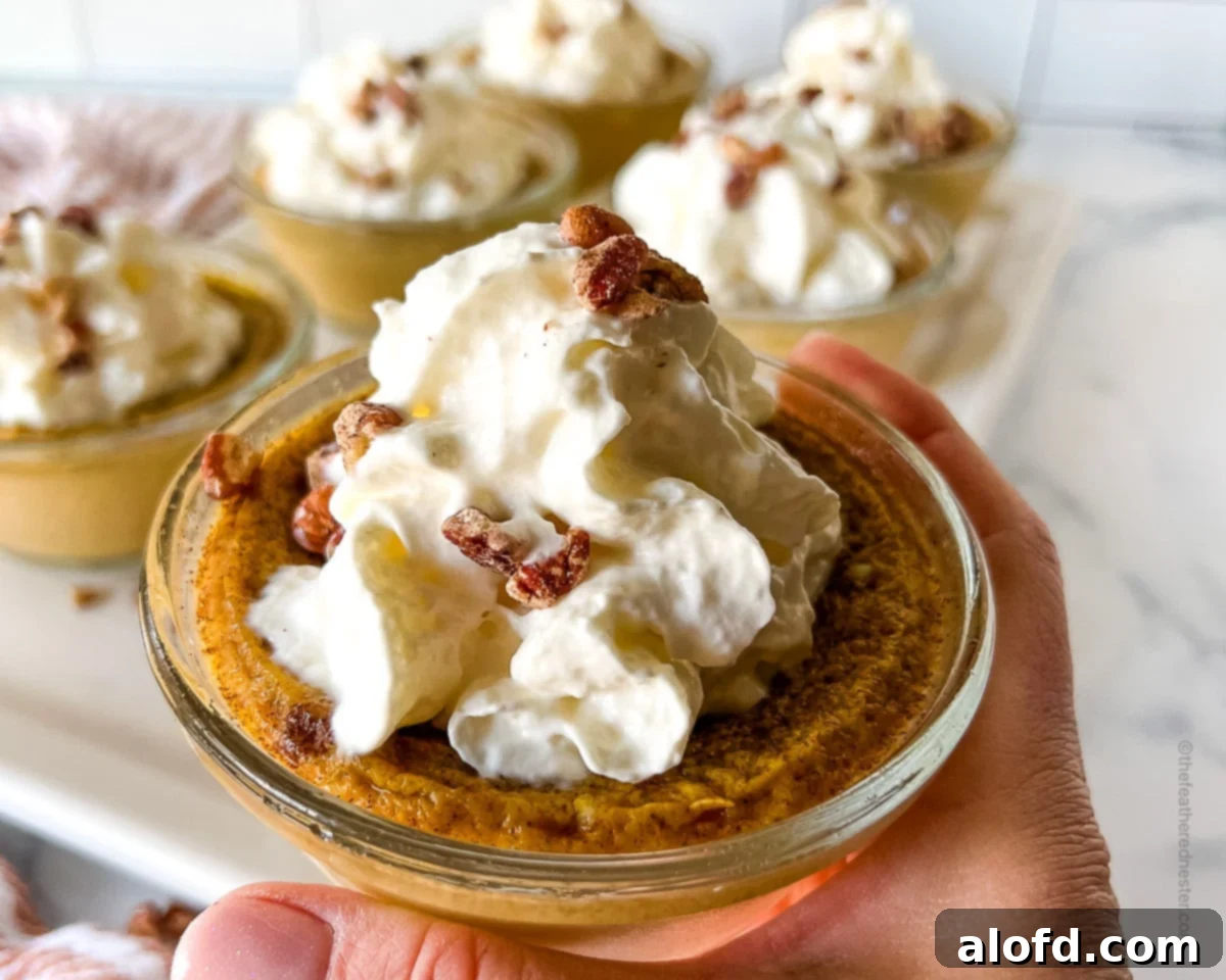 A hand gently holding a single cup of pumpkin custard dessert, invitingly topped with whipped cream.