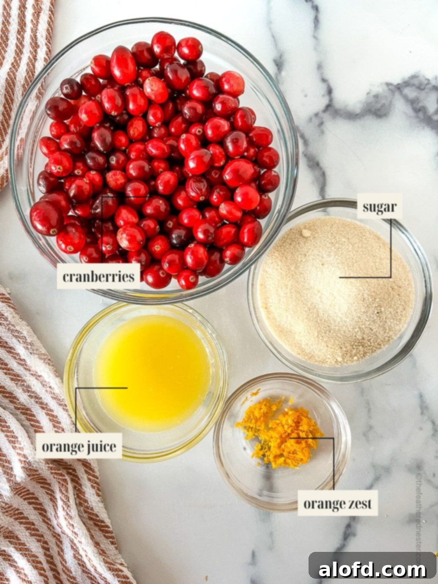 A vibrant flat lay image showcasing the fresh ingredients for homemade cranberry sauce: bright red cranberries, a whole orange, and granulated sugar, ready for cooking.
