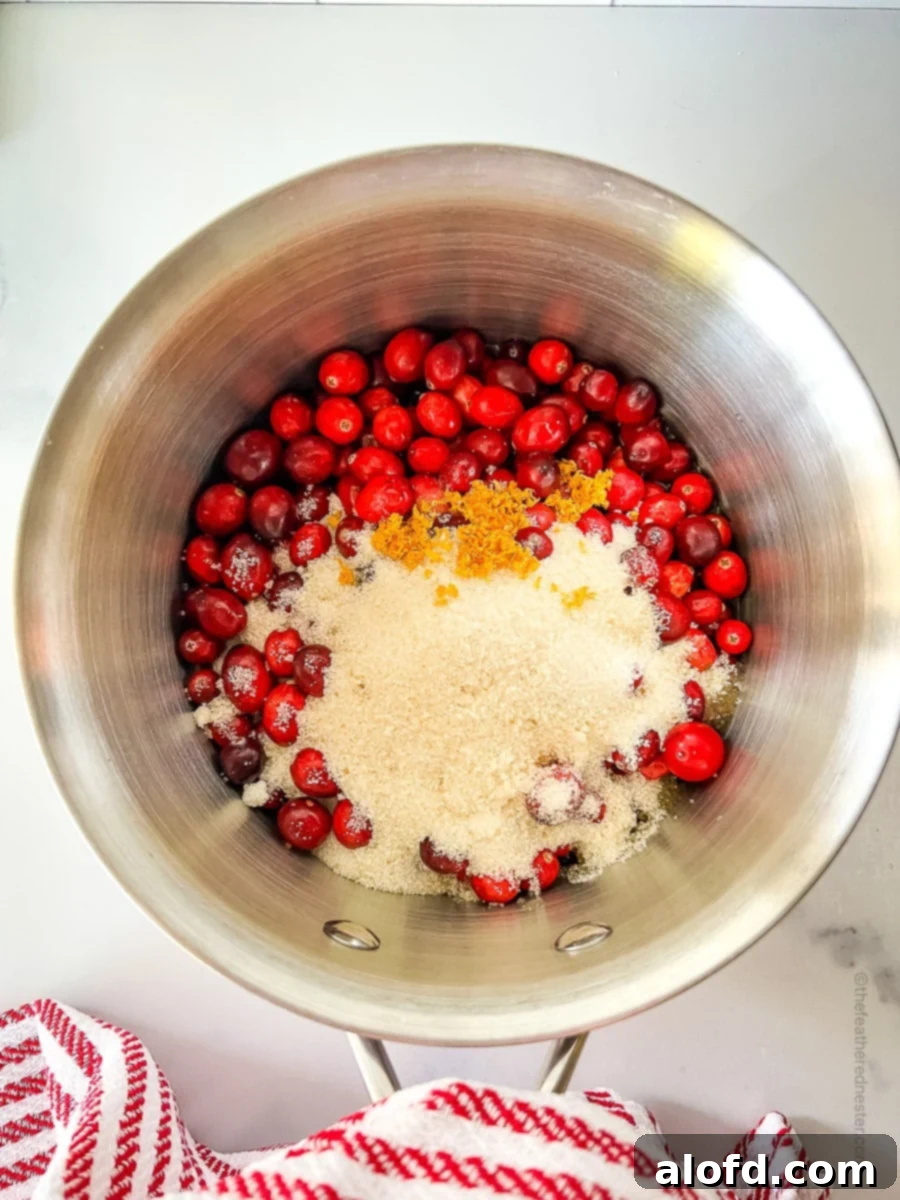 Close-up of fresh cranberries, orange juice, and sugar simmering in a saucepan on the stovetop, just beginning to cook down.