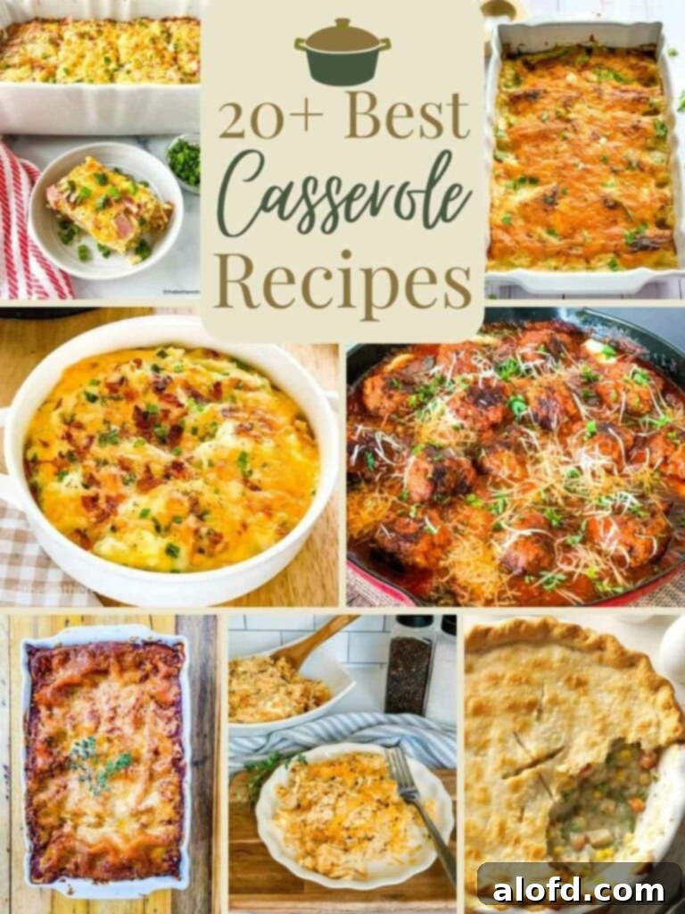 The Ultimate Casserole Collection 2 A collage of various delicious casserole recipes: Hash Brown Casserole, Loaded Potato Casserole, Chicken Pot Pie, Lasagna, Creamy Chicken Enchiladas