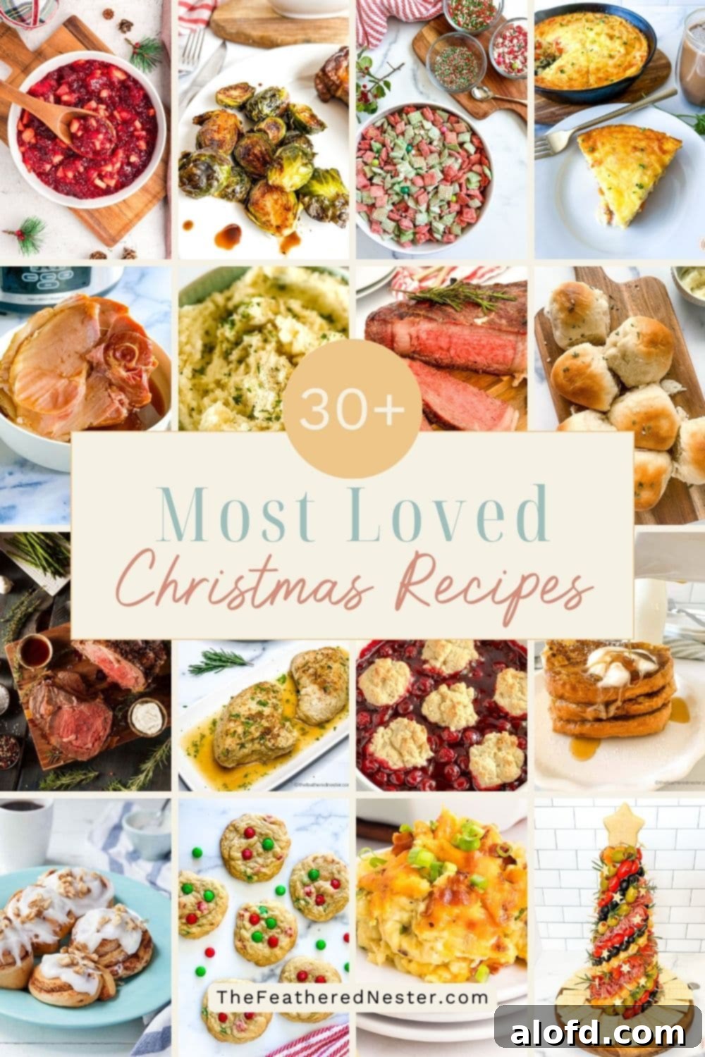 Titled graphic collage of 16 christmas food images, showcasing a variety of festive dishes.