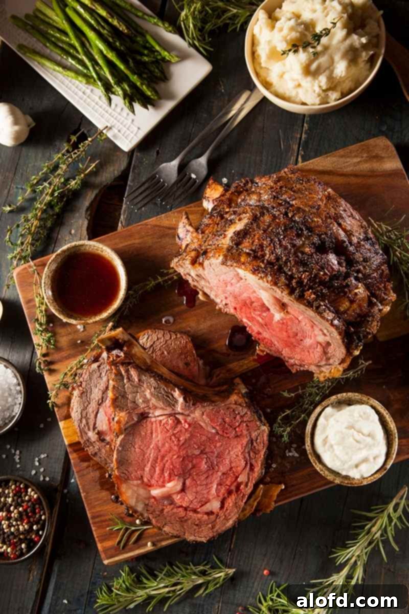 A perfectly cooked holiday prime rib roast, expertly carved and ready to be served, glistening with juices.
