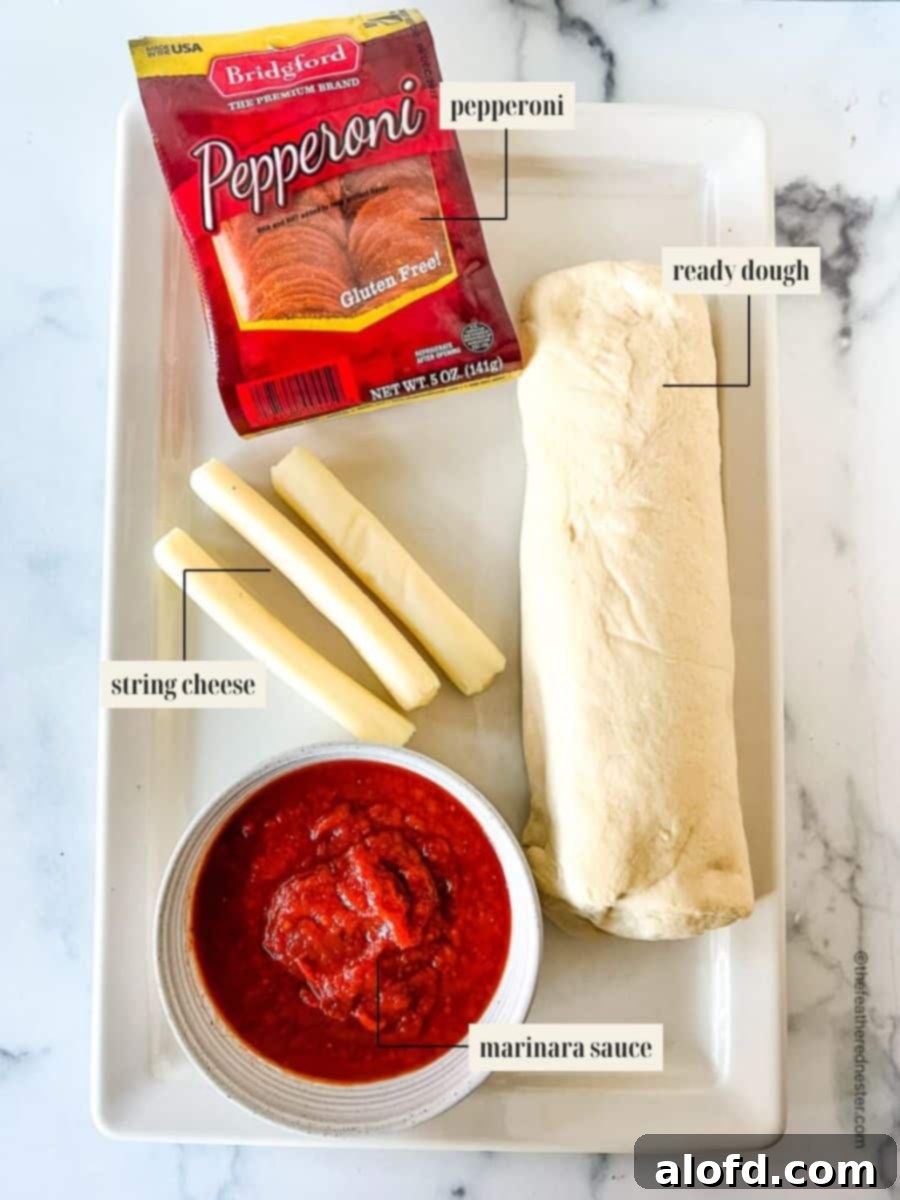 Savory Pepperoni Calzone Pockets 6 A visually labeled image showcasing all the ingredients for the calzone recipe, clearly indicating each component.