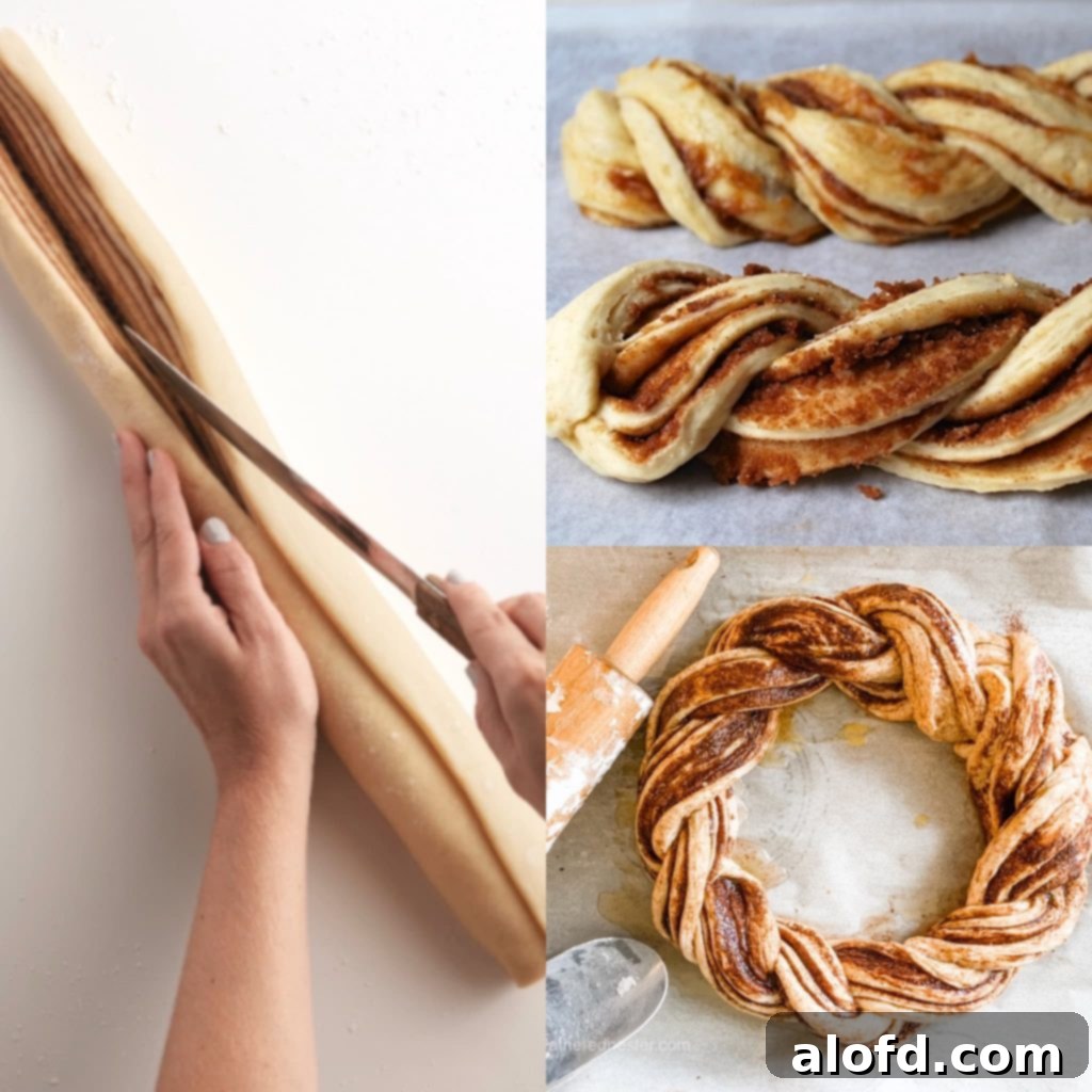 A visual guide showing how to roll, cut lengthwise, and twist the pumpkin spice bread dough into a wreath.