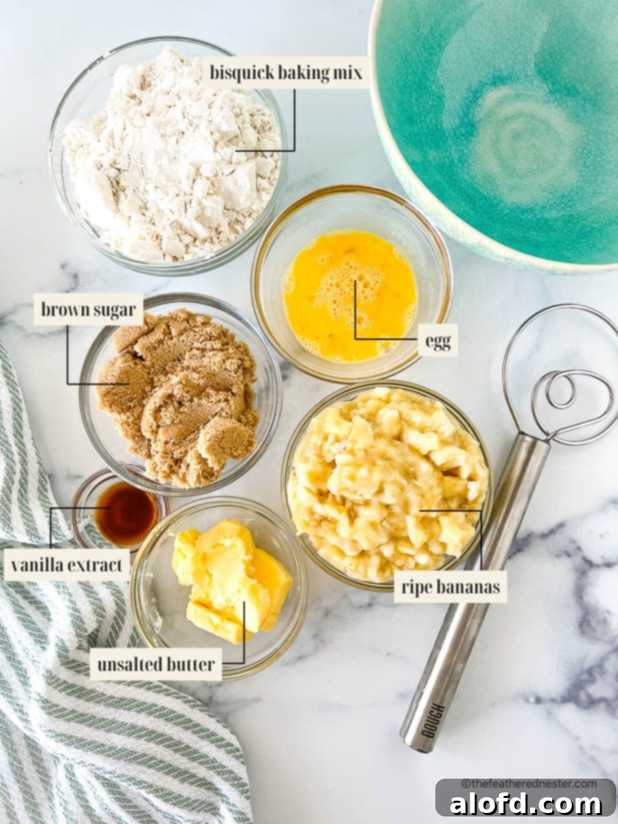 Neatly arranged ingredients for Bisquick banana bread, including bananas, butter, brown sugar, vanilla, egg, and Bisquick mix.