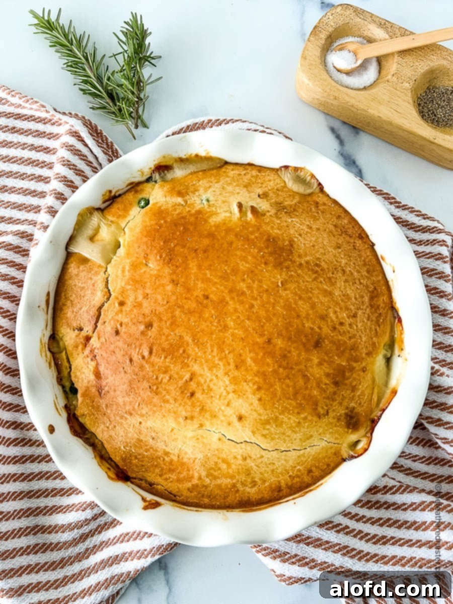 Easy Bisquick Chicken Pot Pie Bake 6 overhead view of Bisquick crust on a casserole