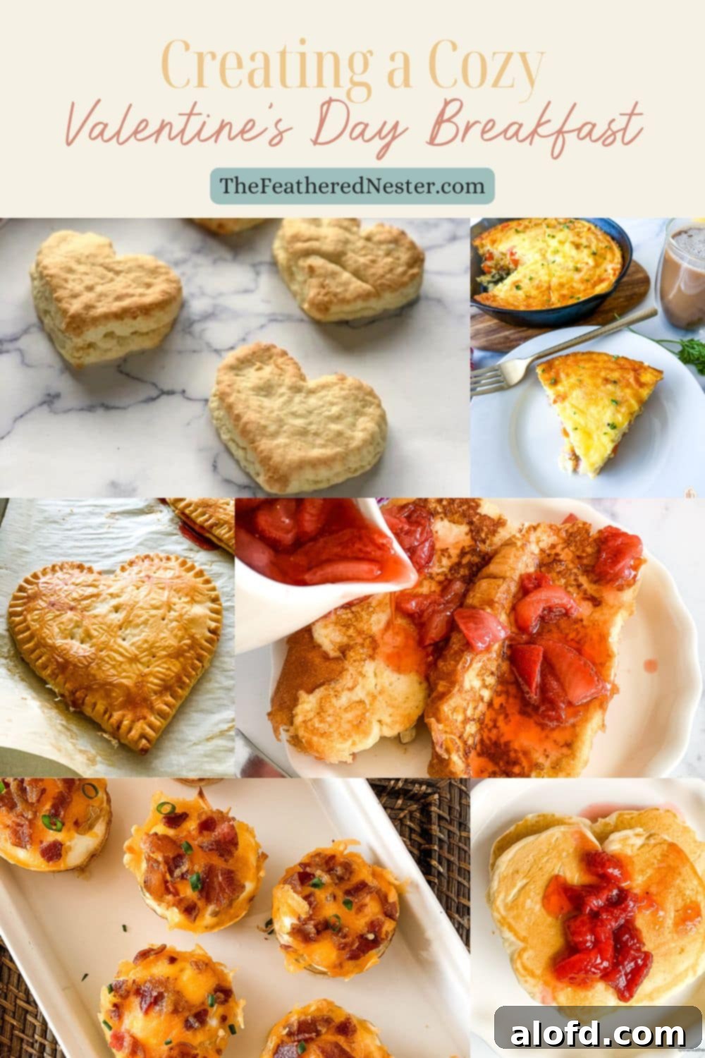 A charming collage of various delightful Valentine's Day breakfast dishes, including heart-shaped pancakes, fruit, and coffee, arranged to inspire a romantic morning meal.