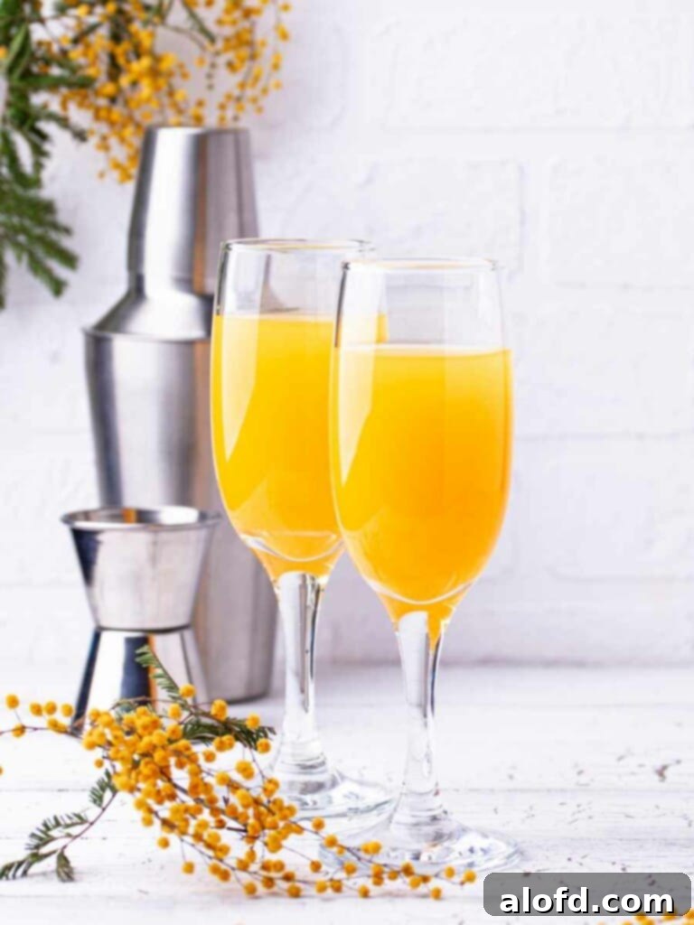 Two elegant glasses filled with sparkling virgin mimosas, garnished with fresh orange slices, ready to toast to a romantic Valentine's Day breakfast.