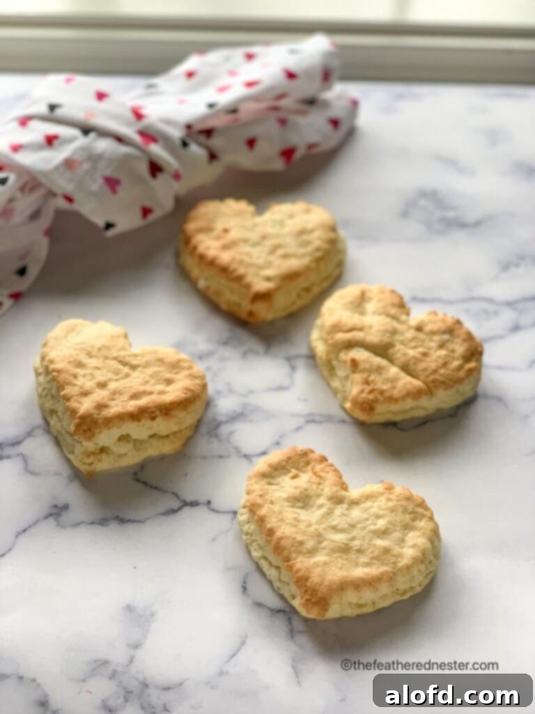 Four golden-brown, beautifully baked Valentine's Day breakfast biscuits, each perfectly shaped like a heart, resting invitingly on a chic gray marble countertop.