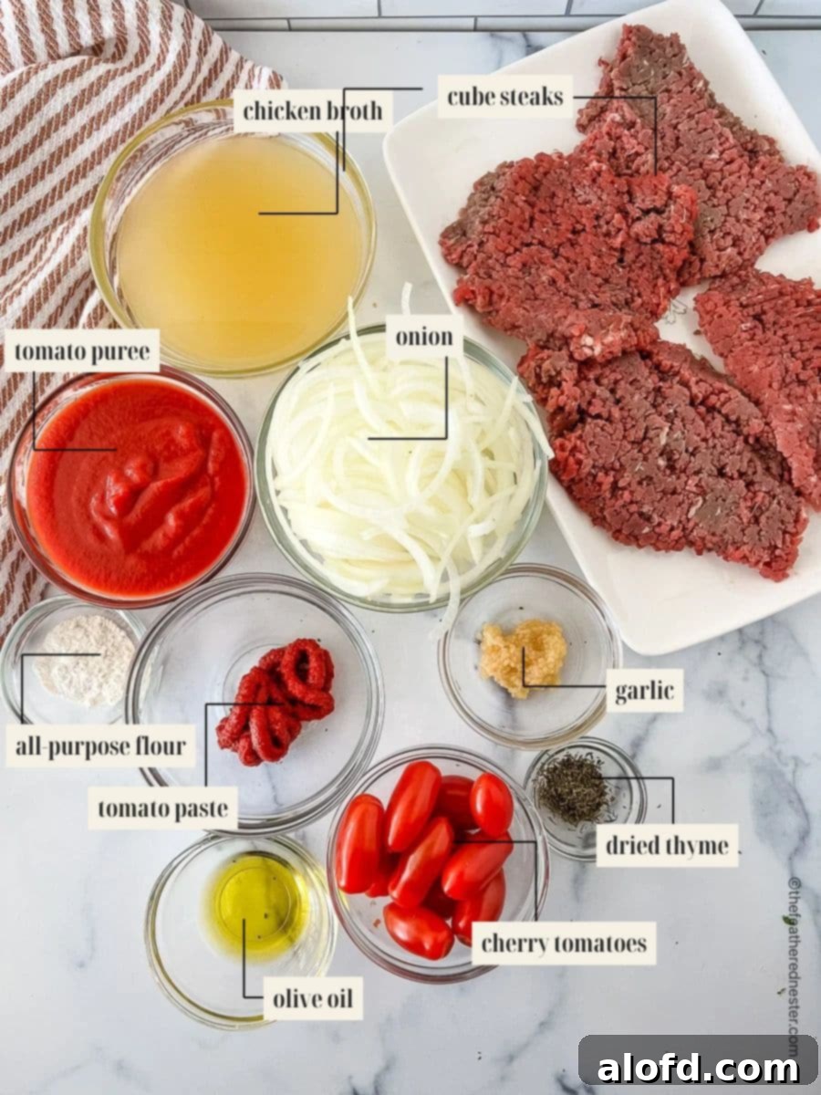Tender Slow Cooker Swiss Steak 4 Labeled ingredient image for Swiss steak recipe.