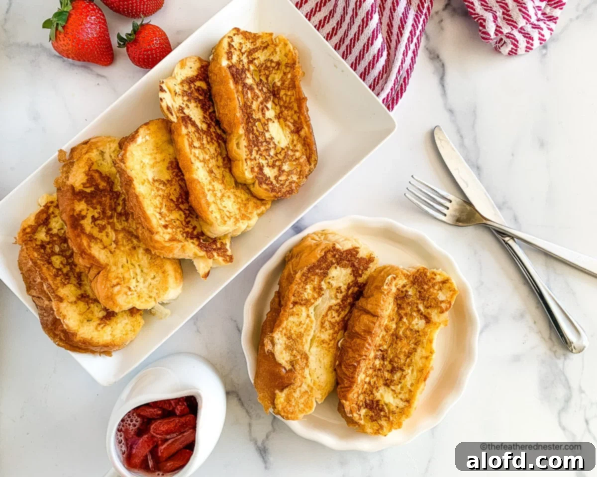 Luscious Strawberry French Toast 12 Silverware and carafe of syrup next to a serving platter and small plate of French toast, ready for a meal.