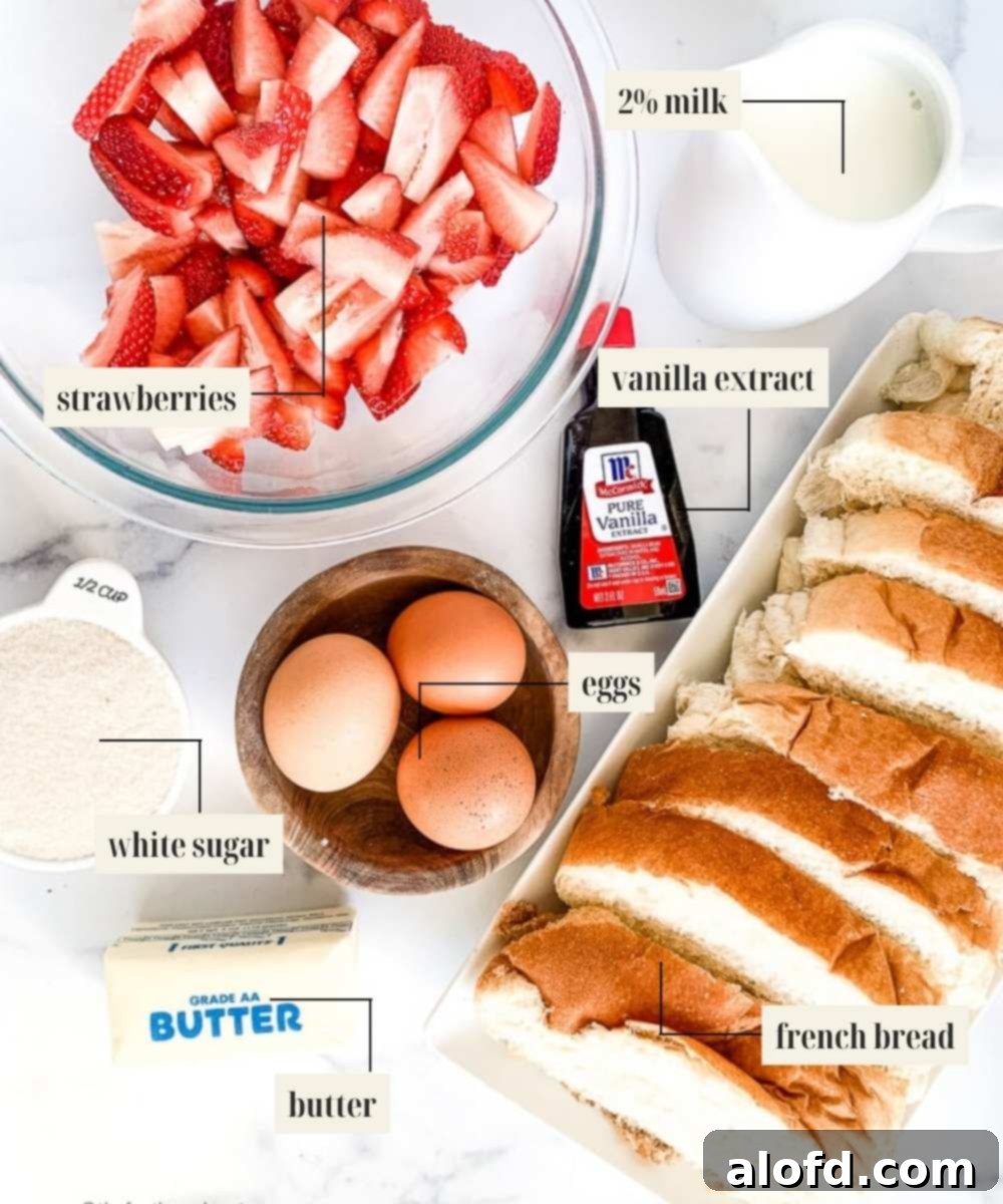 Luscious Strawberry French Toast 3 Labeled ingredients image for strawberry French toast, featuring fresh strawberries, bread, eggs, milk, and sugar.