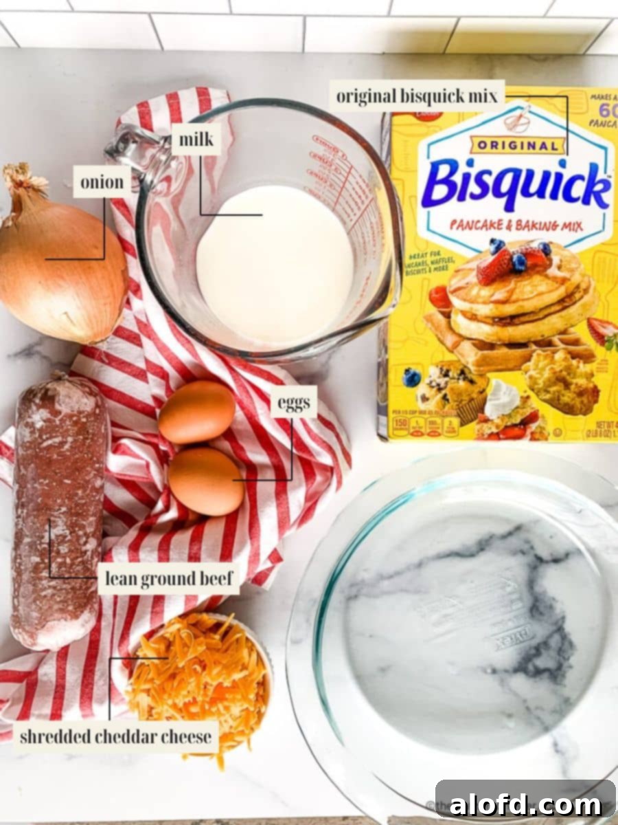 Hearty Bisquick Cheeseburger Bake 4 Labeled ingredient image for cheeseburger pie recipe.