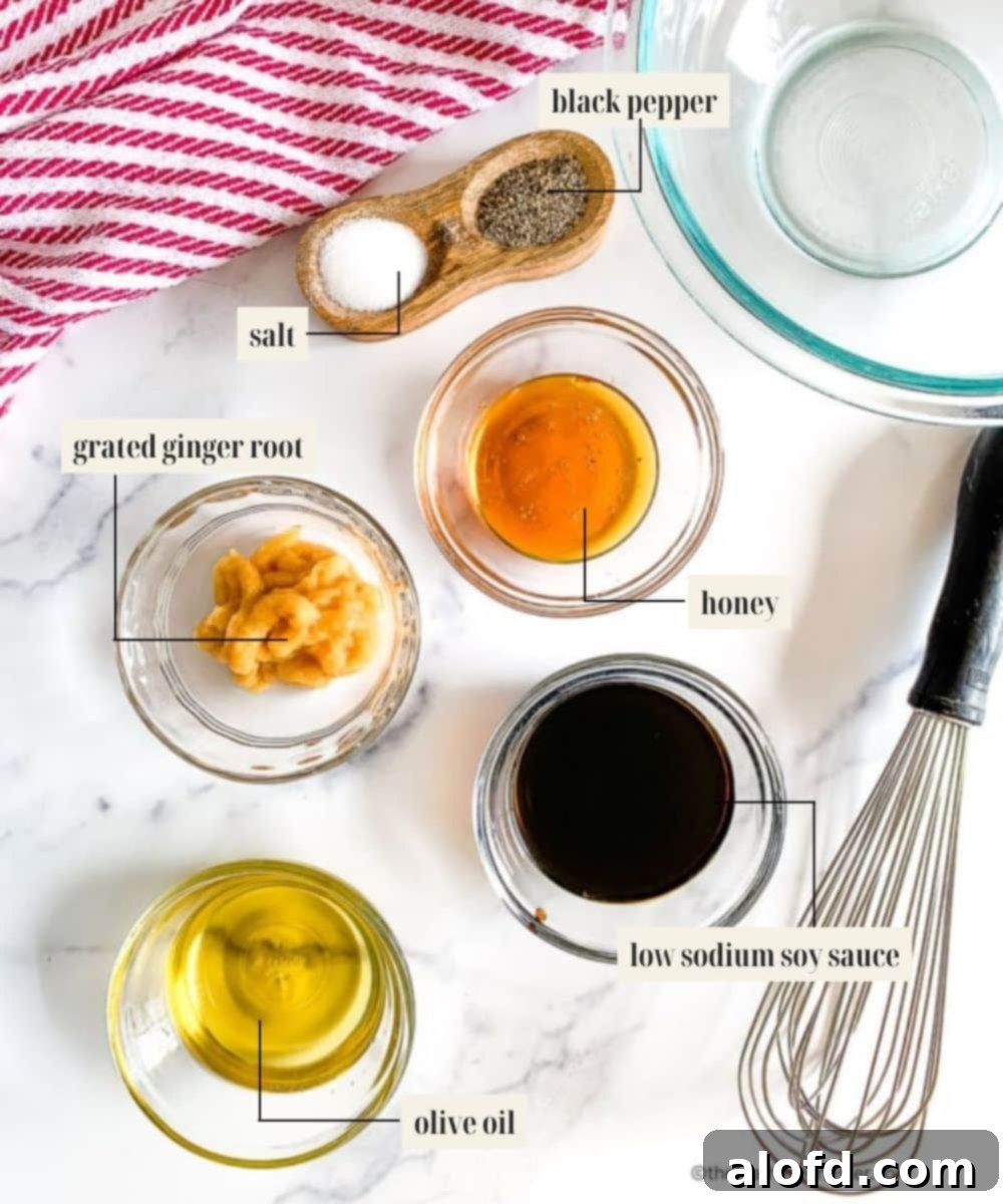 Labeled ingredients for pork chop marinade including soy sauce, honey, and fresh ginger.